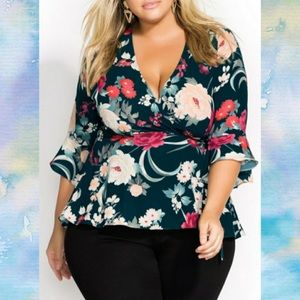 City Chic Ikebana floral wrap top XS 14 plus size teal